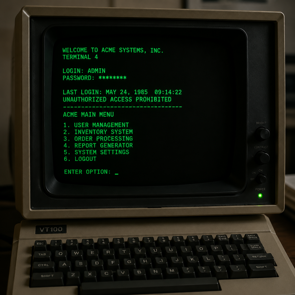 Old computer terminal with green text on black background