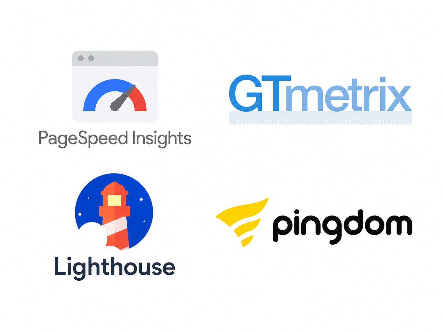 Logos of speed testing tools: PageSpeed Insights, GTmetrix, Lighthouse, Pingdom