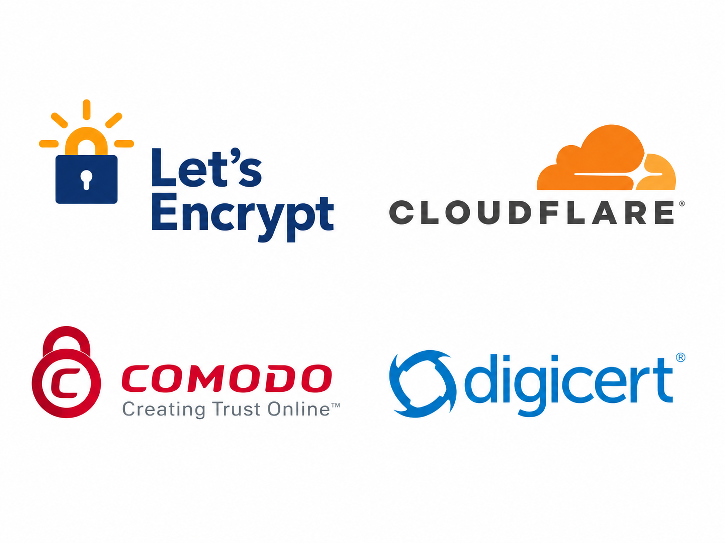 Логотипы популярных SSL провайдеров: Let's Encrypt, Cloudflare, Comodo, DigiCert