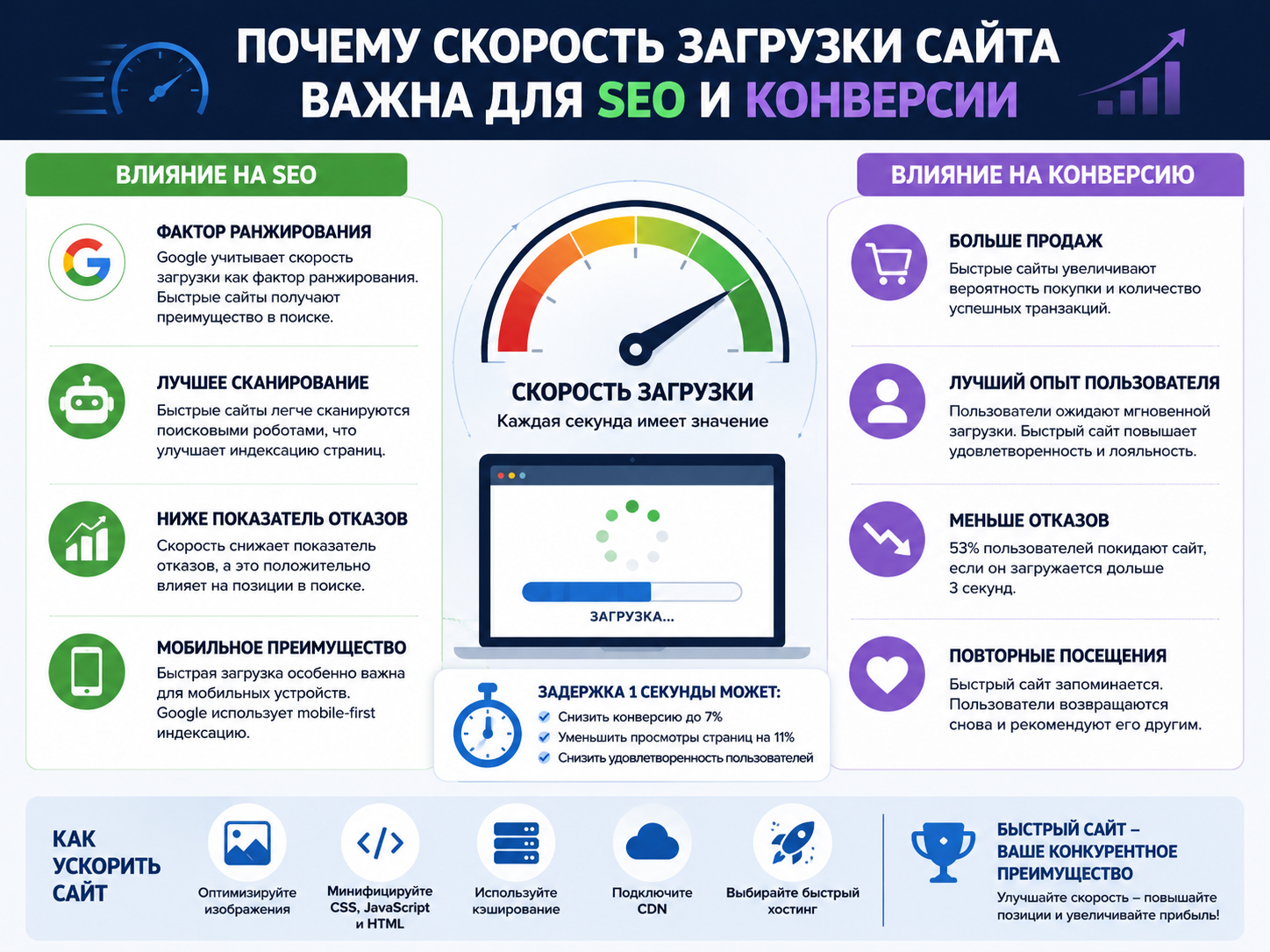Инфографика: почему скорость загрузки сайта важна для SEO и конверсии