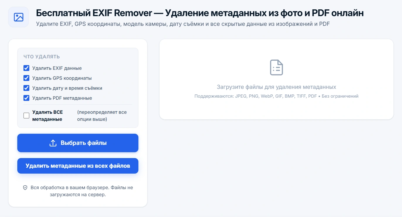 Скриншот EXIF Remover: загрузка файлов, выбор опций удаления метаданных и список очищенных изображений и PDF
