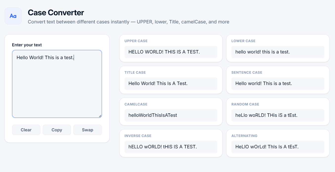 Case Converter tool interface showing text conversion from UPPER CASE to lower case, Title Case, camelCase and more formats