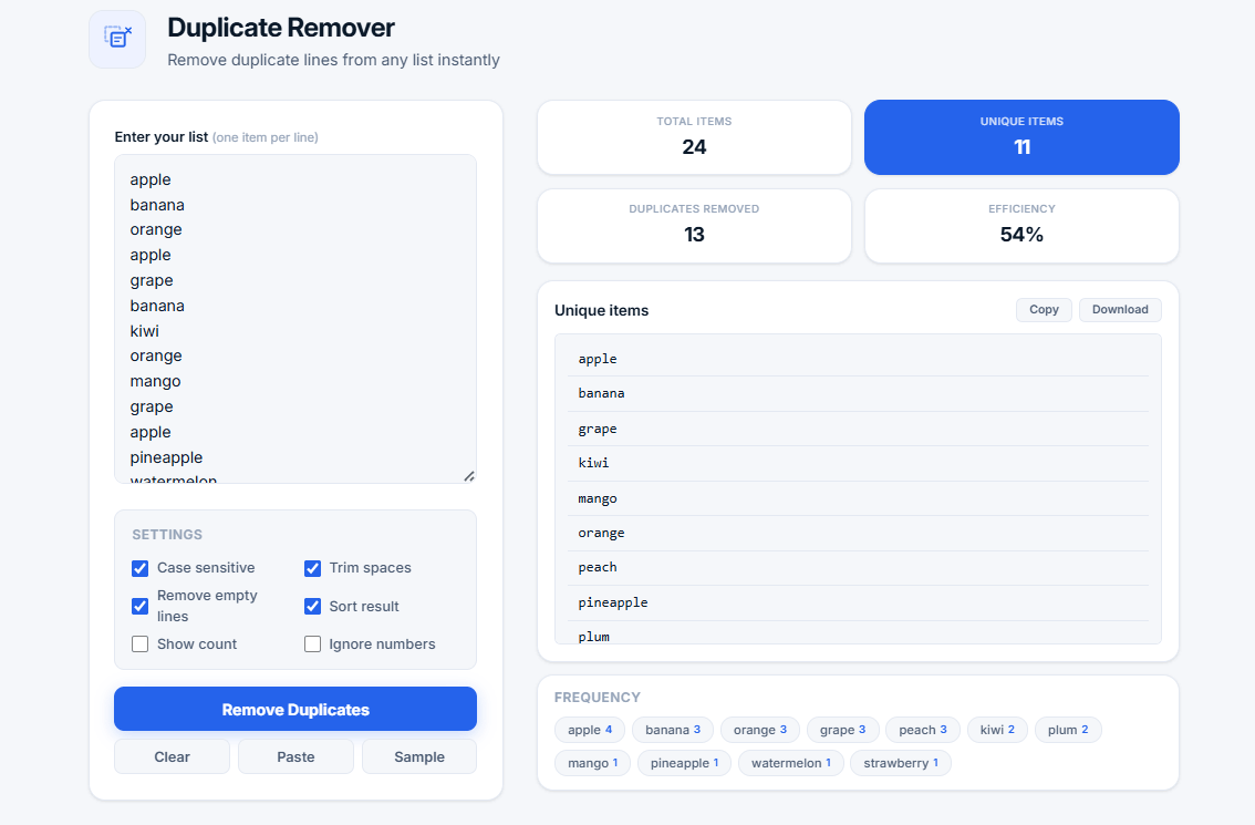 Duplicate Remover tool showing list of fruits with duplicates removed, statistics panel showing total items, unique items, duplicates removed, and efficiency
