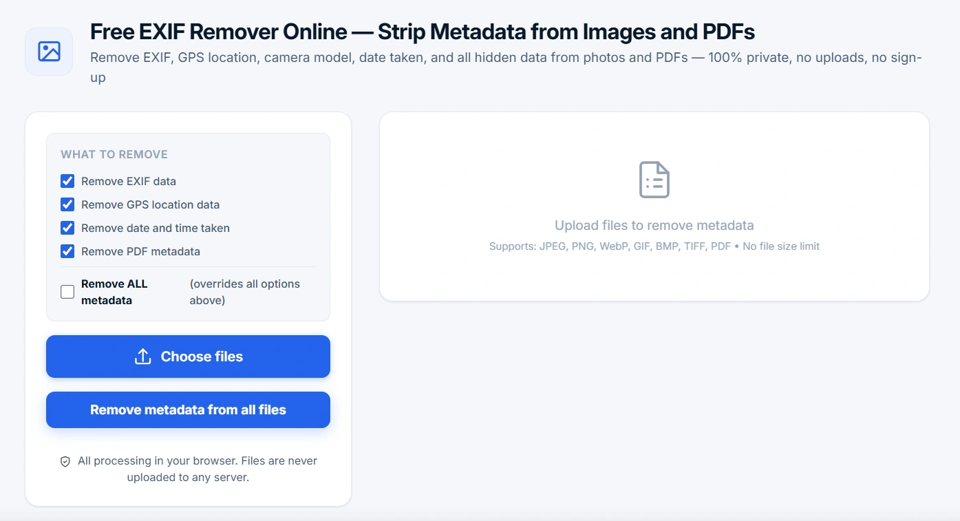 EXIF Remover tool interface showing file upload area, metadata removal options, and cleaned file list with download buttons