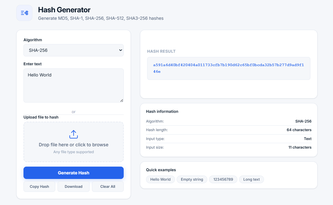 Hash Generator tool showing SHA-256 algorithm, Hello World text, and generated hash result with algorithm information