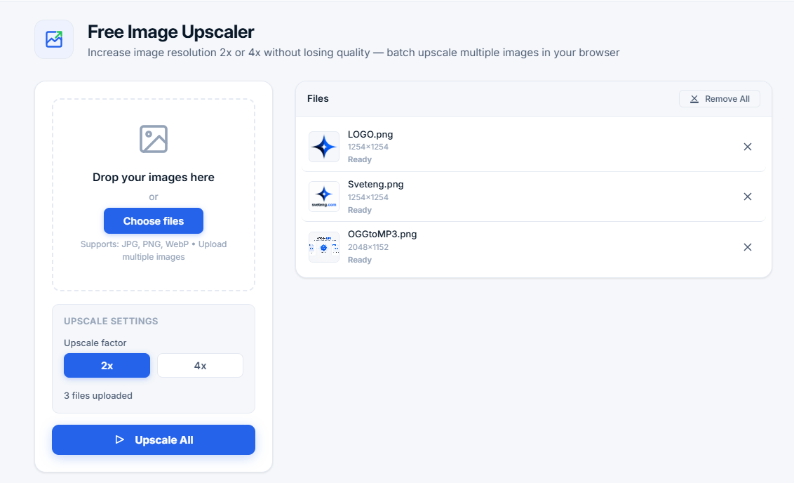 Free Image Upscaler tool with batch processing, file list, and upscaling controls