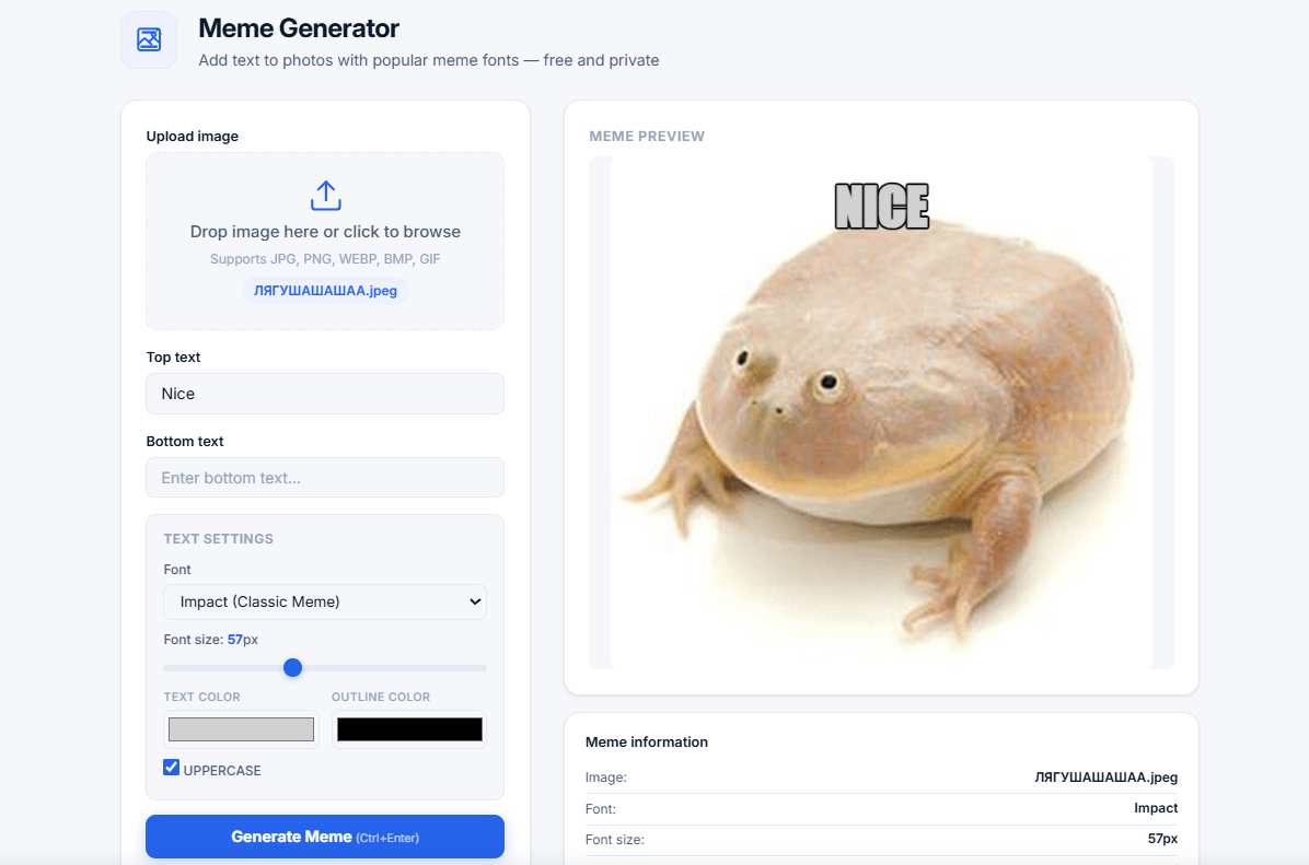 Meme Generator tool interface showing uploaded image, top and bottom text fields, font selection with Impact, Arial Black, Comic Sans, color pickers, font size slider, uppercase toggle, and meme preview with text overlay