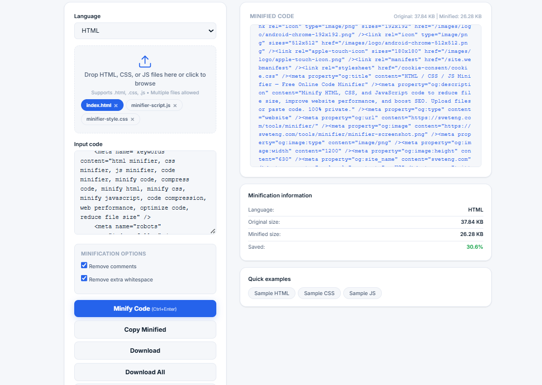 HTML / CSS / JS Minifier tool interface showing code input, minification options (remove comments, remove whitespace, minify variables), minified output, and size comparison