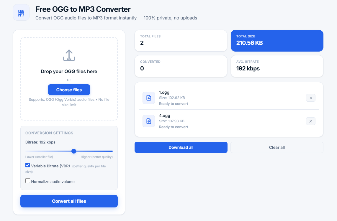 OGG to MP3 Converter tool showing multiple uploaded audio files, conversion settings with bitrate slider, VBR option, and statistics showing total files and size