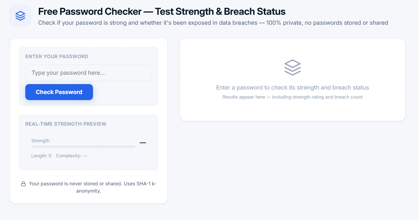 Password Checker interface showing strength meter and breach status from Have I Been Pwned
