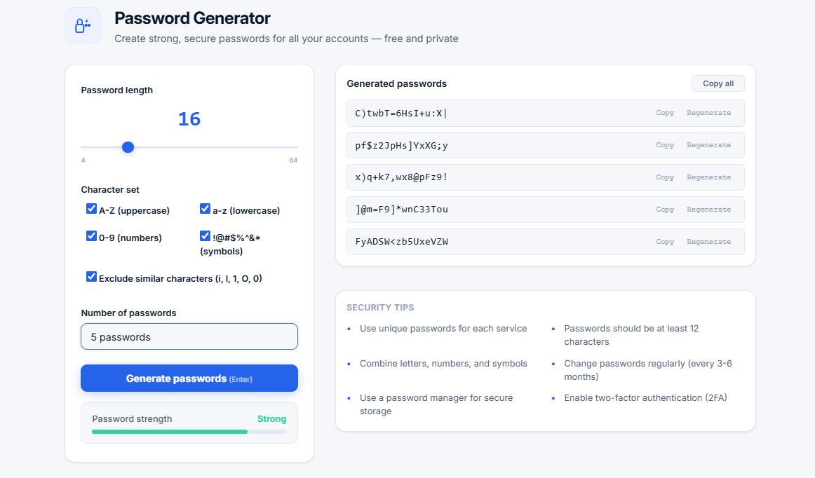 Password Generator tool interface showing length slider, character set options, generated passwords list with copy buttons, and password strength meter