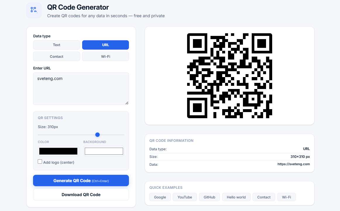 QR Code Generator tool interface showing data type options (Text, URL, Contact, Wi-Fi), input fields, customization options (size, colors, logo), and generated QR code with information panel