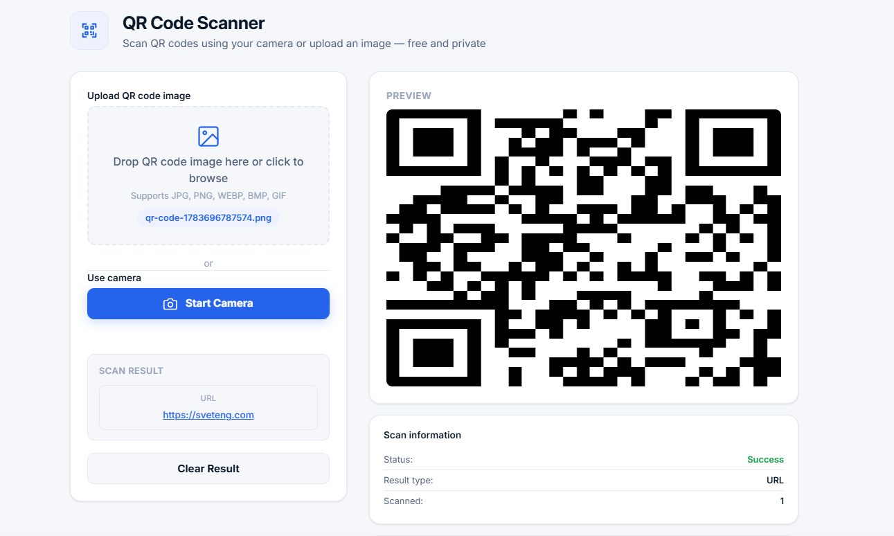 QR Code Scanner tool interface showing file upload area, camera button, scan result display with QR code data, and information panel showing scan status and result type