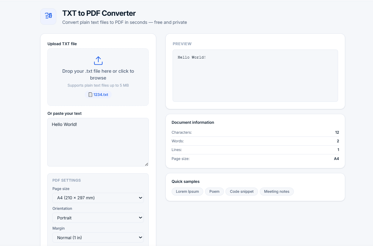 TXT to PDF Converter tool interface showing file upload, text input, PDF settings (A4, portrait, normal margins, 12pt font), live preview of text, and document statistics