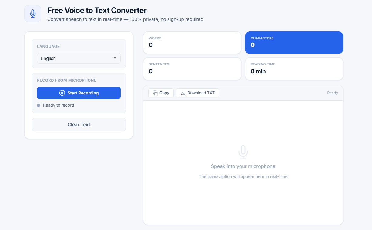 Voice to Text Converter tool showing recording controls, language selection, and transcription output with automatic punctuation